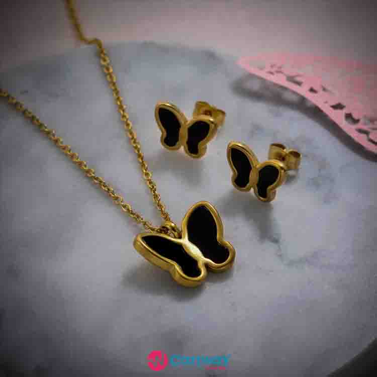 Beautiful black butterfly pendant  chain and rings